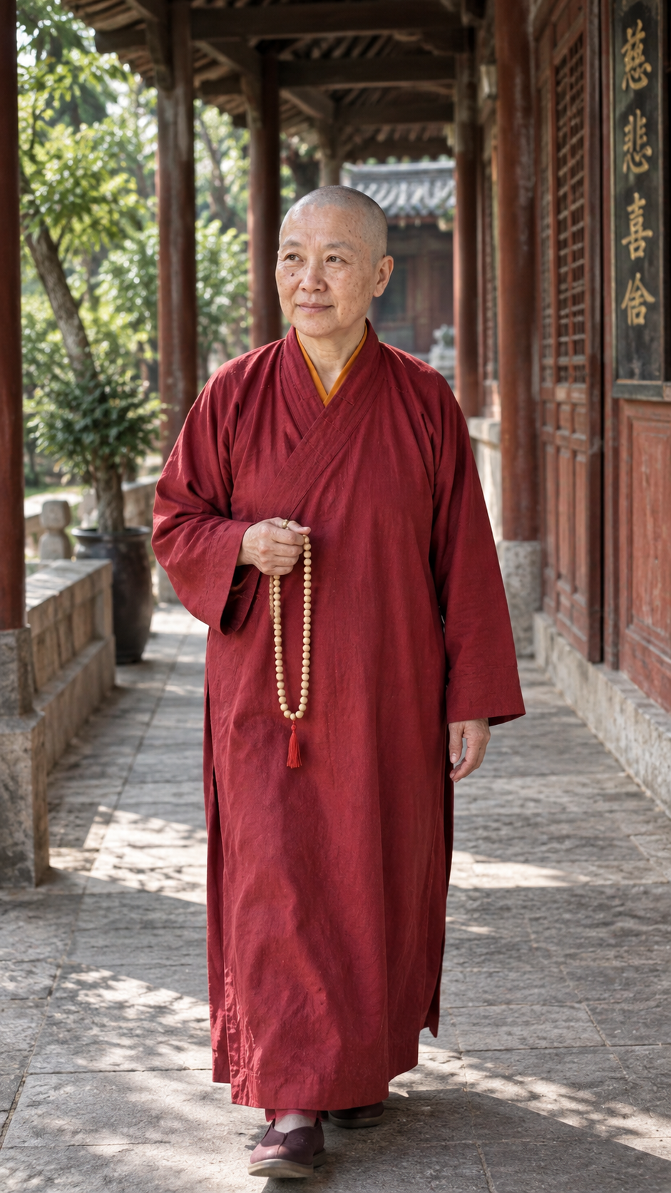 Mei Lin, guía de meditación inspirada en las monjas budistas, caminando por un templo con su ropaje bordó