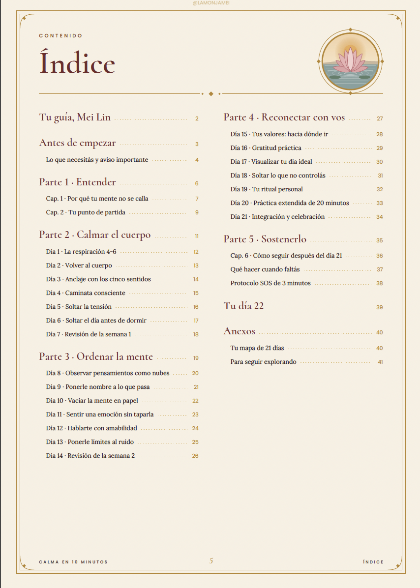 Índice del cuaderno, con las partes y los 21 días listados